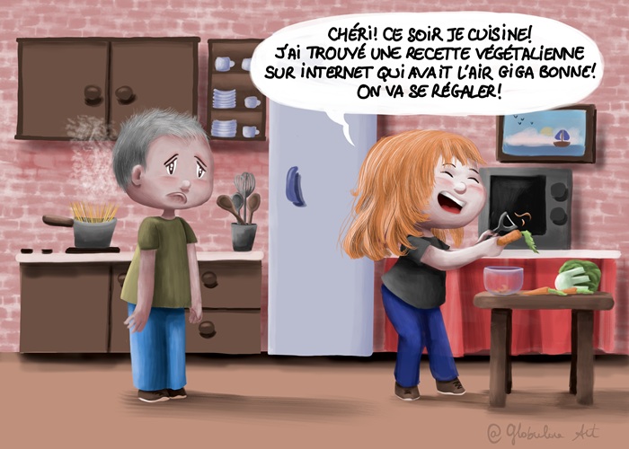 Dessin de mon avatar qui cuisine gaiement une recette végane trouvée sur internet. Dans mon dos, mon amoureux fait une tête dépitée car il connait la catastrophe que je suis en cuisine, spécialement en cuisine végane